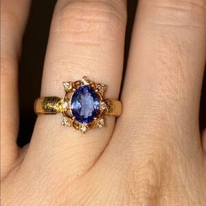 14k Yellow Gold Blue Purple Tanzanite Diamond Halo Ring Brushed Band Size 6